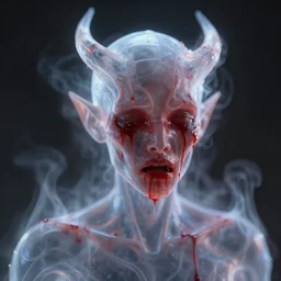 a demon made of blood sweat and tears. tranclucent. dynamic. motionblur. houdini 3 d 8 k gigapixel render. substance designer. unreal engine. abstract demon face made of smoke blood sweat and tears. inspired by andrei riabovitchev, tomasz alen kopera and rutkowski