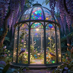 secret garden with colored glass cover, outside of time and space, birds, wisteria ， fairy tale, evening lights, highly detailed, low angle view, artstation, mysterious, comfort, in the style of aetherpunk, 8 k
