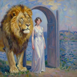 A surreal oil on canvas painting of the Lion portal, Lion woman, by Simon Stålenhag and Claude Monet, 3d, realistic shading, complimentary colors, aesthetically pleasing composition, masterpiece, 4k, 8k, ultra realistic, super realistic