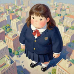 gouache of a cute giantess wearing school uniform standing in the city which seem small, beautiful face, bird's eye view, 8 k wallpaper, strong brush stroke, very high detailed, sharp focus, illustration, morandi color scheme, art station, by krenz cushart