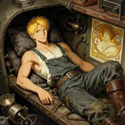 portrait of an airship mechanic lying within a cramped and dimly lit bunk, blonde, tank top, overalls, steampunk, highly detailed, cel shading, digital painting, anime key visual, by ilya kuvshinov and artgerm and hayao miyazaki and alphonse mucha