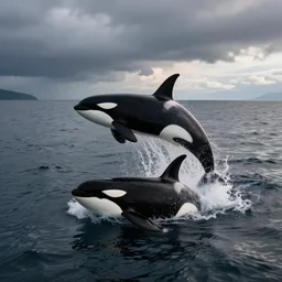 Overhead view, Tilt shift photography of orca jumping out of water