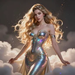 a beautiful female goddess of mercedes character, character is in all its glory, character is in her natural relaxed pose, rim lights, particles and dust in the air, fancy clouds, highly detailed professional photo, dynamic lights, particles are flying, depth of field, trending on artstation, illustration, hyper realistic, vray caustics, super detailed, colorful accents, cinematic shot