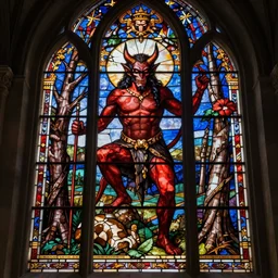 The Devil reigning over Hell, stunning stained glass window by Hieronymus Bosch