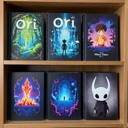 several books in a shelf organized inside a castle.  game assets ,Ori and the blind forest, SOTN, wonder boy, dead cells, hollow knight Portrait of a ilvolxanic lava in a  side scrolling game, inside a castle library, castle library, loot of books,  Neon Lights, Subject in Middle, Rule of Thirds, 4K, Retrofuturism, Studio Ghibli, Simon Stålenhag