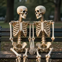 front view portrait of two! romantic human skeletons! sitting on a park bench, tenderly holding their hands, partially covered with dust, cinematic lighting, late afternoon, photorealistic image