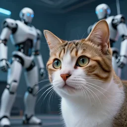 close - up of a cat with humanoid robots in the background in a cyberpunk universe