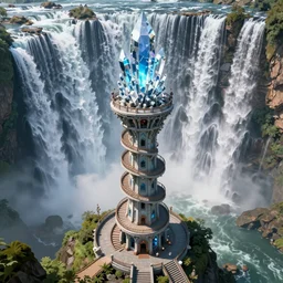Tower surrounded by a spiral staircase. Tower standing at the edge of a huge waterfall. Giant crystal on top of the tower. Detailed gorgeous digital art, trending on ArtStation