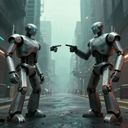 a sad photograph two evil robots point each other, large shot, wide shot, in a street, cyberpunk photo,
