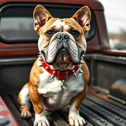color digital photo of a bulldog wearing a thick red collar with metal spikes and sitting in the back of an old pickup truck.