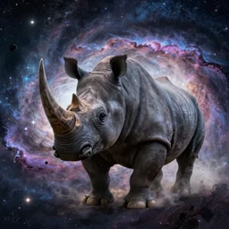 a giant galactic rhino stampeding through a nebula by WLOP and tony sart, fantasy art, 4k, HDR, photorealistic, 8k, trending on artstation