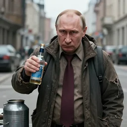 old angry putin as homeless man!!!, alcoholic, city madman, torn clothes, garbage can, artstation, artgerm, 8 k, highly detailed, rossdraws, frank frazetta, andrei riabovitchev, marc simonetti