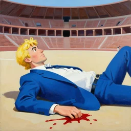 greg manchess portrait of a blond man in a blue suit lying on the ground bleeding in an arena, profile picture, organic painting, sunny day, matte painting, bold shapes, hard edges, street art, trending on artstation, by huang guangjian, gil elvgren, ruan jia, randy vargas, greg rutkowski