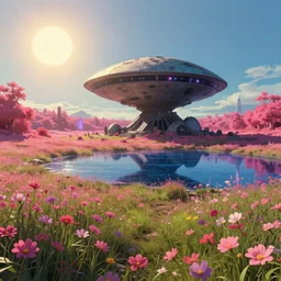 abandoned by gordon bunshaft, meadow extraterrestial tron studio ghibli morning sun cgsociety flowers at dusk infrared alien neon signs cosmic lake fantasy at night landscape evil hyperrealism sci - fi nightsky sunset sea thermal imaging retro, archdaily, wallpaper, highly detailed, trending on artstation.