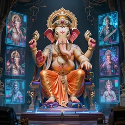 ganesha, futuristic holographic displays in the style of peter mohrbacher, wayne barlowe, gustav moreau, bussiere, roberto ferri, santiago caruso, luis ricardo falero, austin osman spare, luke brown,