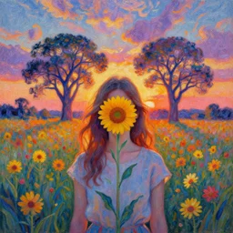 girl with singular flower as a face, flower field, big trees, sunrise dramatic light, impressionist painting, colorful clouds, digital painting, pointillism, artstation, simon stalenhag