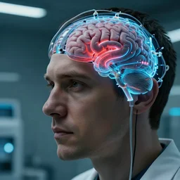 vfx film closeup, man in laboratory copying his brain into digital ai brain eeg wired advanced technology, flat color profile low - key lighting award winning photography arri alexa cinematography, hyper real photorealistic cinematic beautiful natural skin, famous face, atmospheric cool colorgrade