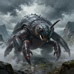 a massive kaiju humanoid bug creature with a smooth carapace, looming over a mountain valley, heavy clouds, rain, detailed digital painting, trending artstation, concept art, sharp focus, illustration art by alphonse mucha, greg rutkowski, craig mullins