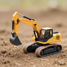 toy excavator riding on dirt, 3 3 mm close up photo