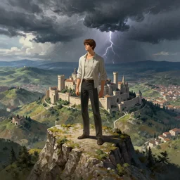 an ultra detailed matte landscape painting of an extremely tall and strong young man with short brown hair standing on a cliff overlooking a medieval capital built on top of many hills, italian renaissance architecture, thunderstorm coming in, ultrawide lens, aerial photography, 8 k, volumetric lighting, smooth, highly detailed, digital illustration, art by greg rutkowski and akira toriyama and artgerm