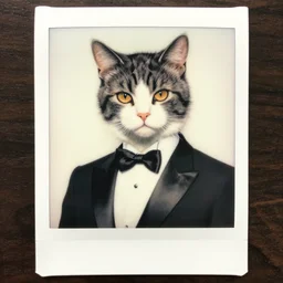 polaroid of aesthetic portrait commission of a of a male fully furry anthro gray and white cat and a beautiful attractive hyperdetailed face wearing wearing a tuxedo character design by dayer, diego 5, detailed, inked, award winning film poster painting