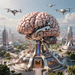 cult of technology, large brain in a vat, exterior, scifi, machines, artificial intelligence, ribbon chapel base, ultra realistic, highly detailed, futuristic landscape, beautiful, city, utopian architecture, drone point of view, atmosphere, masterpiece, epic lighting, bright, cinematic, art by jan urschel and neil blevins