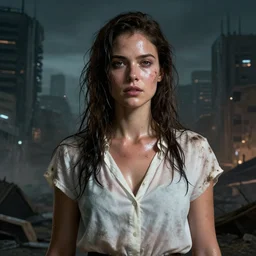 epic portrait cinematic shot an female survivor wearing a white blouse in short sleeves, shiny skin, beautiful, wet flowing hair, dirty, apocalyptic city backround, fine details. night setting. realistic shaded lighting poster by craig mullism, artgerm, jeremy lipkin and michael garmash, unreal engine, radiant light, detailed and intricate environment, digital art, trending on art station,