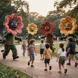 1990s candid photo of a beautiful day at the park, cinematic lighting, cinematic look, golden hour, large personified costumed flower people in the background, Enormous flower people mascots with scary faces chasing kids, kids talking to flower people that are really scary and ruining the day, UHD