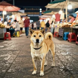 color photo portrait of a dog in the market at night, thai, people, 1 9 9 0 photograph magazine