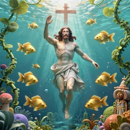 a portrait of Jesus floating full figure underwater, gold fish, green creepers, cross,light from above. in the style of Michelangelo, and Paul Gauguin, with cyberpunk liberty and flemish baroque mixed media details. vibrant vivid 3d textures in natural pastel tones. HD 8x