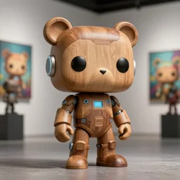8 k octane render sculpture photorealistic beautiful character wooden design, art toys collectible figurine, mascot pop funko, very cute bear robot bear android cyberpunk, contemporary art gallery in background concept art cgsociety