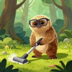 a hard working ewok cleaning the forest floor with a vacuum, artstation, colorful