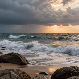 storm at sea, sunset, waves hitting the shore and rocks, detailed, concept art, high detail, warm lighting, volumetric, godrays, vivid, beautiful, trending on artstation, by jordan grimmer, huge scene, grass, art greg rutkowski