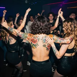 a group of people conjoined at the shoulders covered in floral tattoos dancing in a nightclub, moulded around a group of teens on drugs