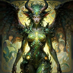 female humanoid demon with wings, sci fi, glowing eyes, volumetric lights, plant theme, art nouveau botanicals, intricate, intense detail, digital painting, artstation, concept art, smooth, sharp focus, cinematic, illustration, beautiful face, style of h. r. giger, greg rutkowski, alphonse mucha, kentaro miura, 4 k