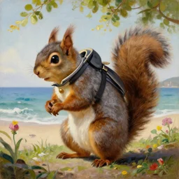 a giant fluffy squirrel carrying napoleon bonaparte on its back, beach scene, flowers and foliage, detailed oil painting