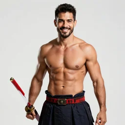 sexy samurai cyborb brazilian man, smiling, with a red katana, professional portrait photography, octane render