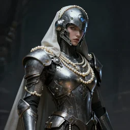 of a hyper realistic digital art portrait of a cyberpunk war cleric in a futuristic pearl armor, tech helmet, dark gloomy environment. trending on artstation, art by lois van baarle by sung choi by john kirby artgerm style pascal blanche