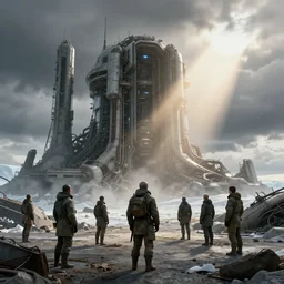 realistic photograph of a sci - fi industrial ruin in the future of antarctica ， volumetric lighting, god's ray, soviet, detailed characters, summer, dark overcast weather, high detailed, smooth, mark arian, award winning, highly detailed 4 k art by beeple and fvckrender and visualdon, trending on cgsociety