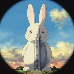 sky scraper in the shape of a rabbit, anime film still from the an anime directed by Katsuhiro Otomo with art direction by Salvador Dalí, wide lens