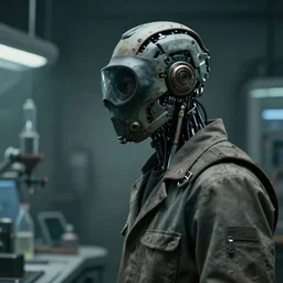a rugged half - masked laboratory operator man with cybernetic enhancements as seen from a distance, scifi character portrait by greg rutkowski, esuthio, craig mullins, 1 / 4 headshot, cinematic lighting, dystopian scifi gear, gloomy, profile picture, mechanical, cyborg, half robot, implants, dieselpunk
