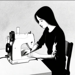 one woman using a sewing machine, alone in a bare room, black & white illustration by daniel clowes