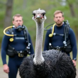 feathery beak neck neck large bird ostrich assassin portrait donning a scuba suit exterior new york jonas de ro jihm mahfood francois schuiten ishbel myerscough foreground focus