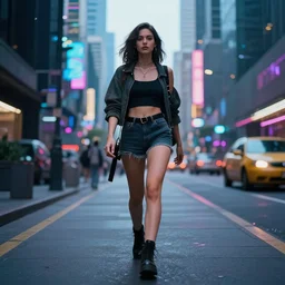 beautiful photo of a beautiful woman walking through a ( ( ( cyberpunk city ) ) ), full body, hyper realistic, 8 k, dslr, 3 mm, highly detailed photograph