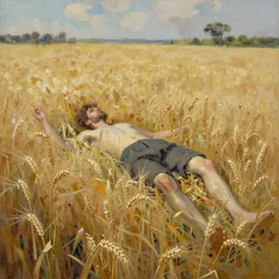 a floating unrecognizable body over plains of wheat, oil painting