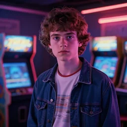 “ robert pattison portrait, stranger things character, 8 0 s, neon, high school, student, vhs, arcade, fiction, steven spielberg, hyperrealistic, dramatic, heroic, epic, cinematic lighting ”