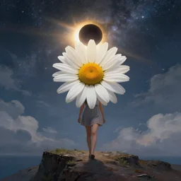 giant white daisy flower covering face, girl walking on cliff, surreal photography, solar eclipse, milky way, dramatic light, impressionist painting, clouds, digital painting, artstation, james gilleard and liam wong and jeremy mann