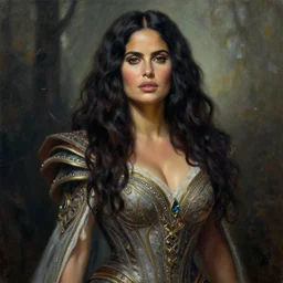 the portrait of salma hayek as amazon in intricate dress by roberto ferri, fantasy, witcher, very detailed oil painting, masterpiece, 8 k