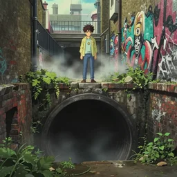 anime movie screenshot, person standing in edge of large round sewer pipe in underground london sewer, overgrown, bricks, street art mural on walls, submerged dramatic, misty, cinematic lighting, ghibli, sharp focus, by koji morimoto, by tatsuyki tanaka, 4 k