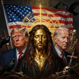 dante's inferno painting, with biden trump obama united states of america, illuminati symbol, flag, crows, skeletons, crosses, jesus, dark beauty, rotten gold, perfect faces, extremely detailed, cinema 4 d, unreal engine.